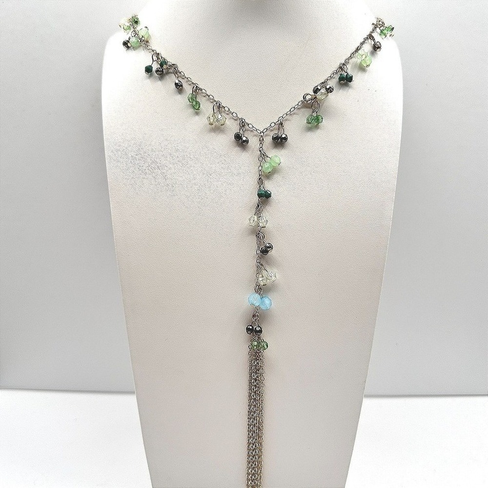 Vintage‎ 80 Gold Tone Y-Drop Tassel Necklace Multicolor Bead Boho Jewelry